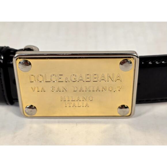 Dolce & Gabbana Black Patent Leather Belt Gold Logo Plaque Milano Italia Size 34 main image 15